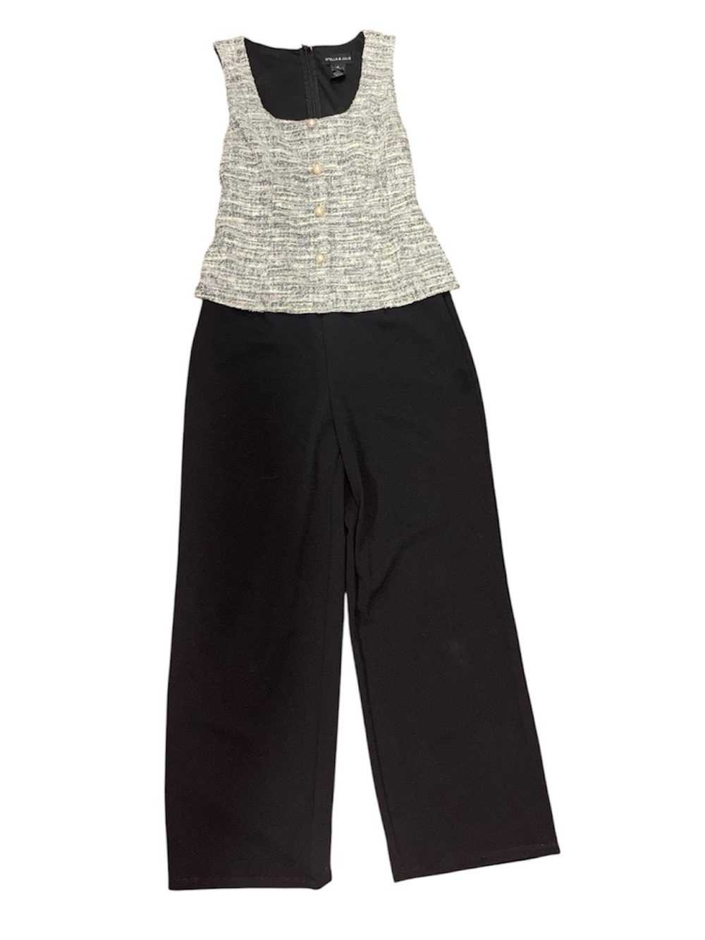 Women’s Black Wide-Leg Jumpsuit with Tweed Bodice Size 4